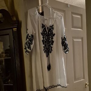 Chic Blue and White Embroidered Mini Dress